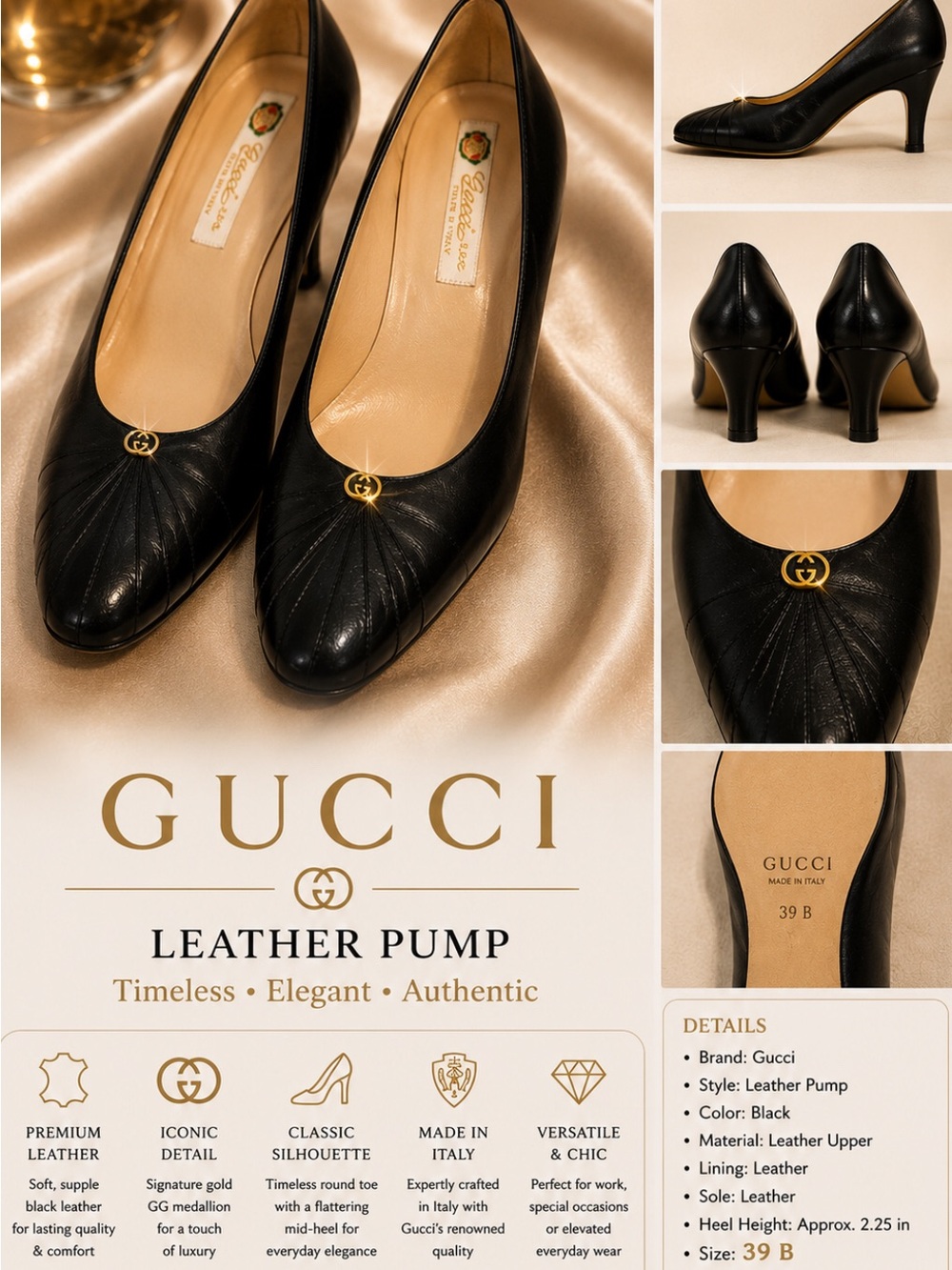 GUCCI LADIES LEATHER, 2 1/2” HEEL, PUMP WITH GG LOGO, MADE IN ITALY